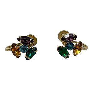 Coro Earrings Multi Color Gold Blue Green Purple‎ Rhinestones Vintage Clip On